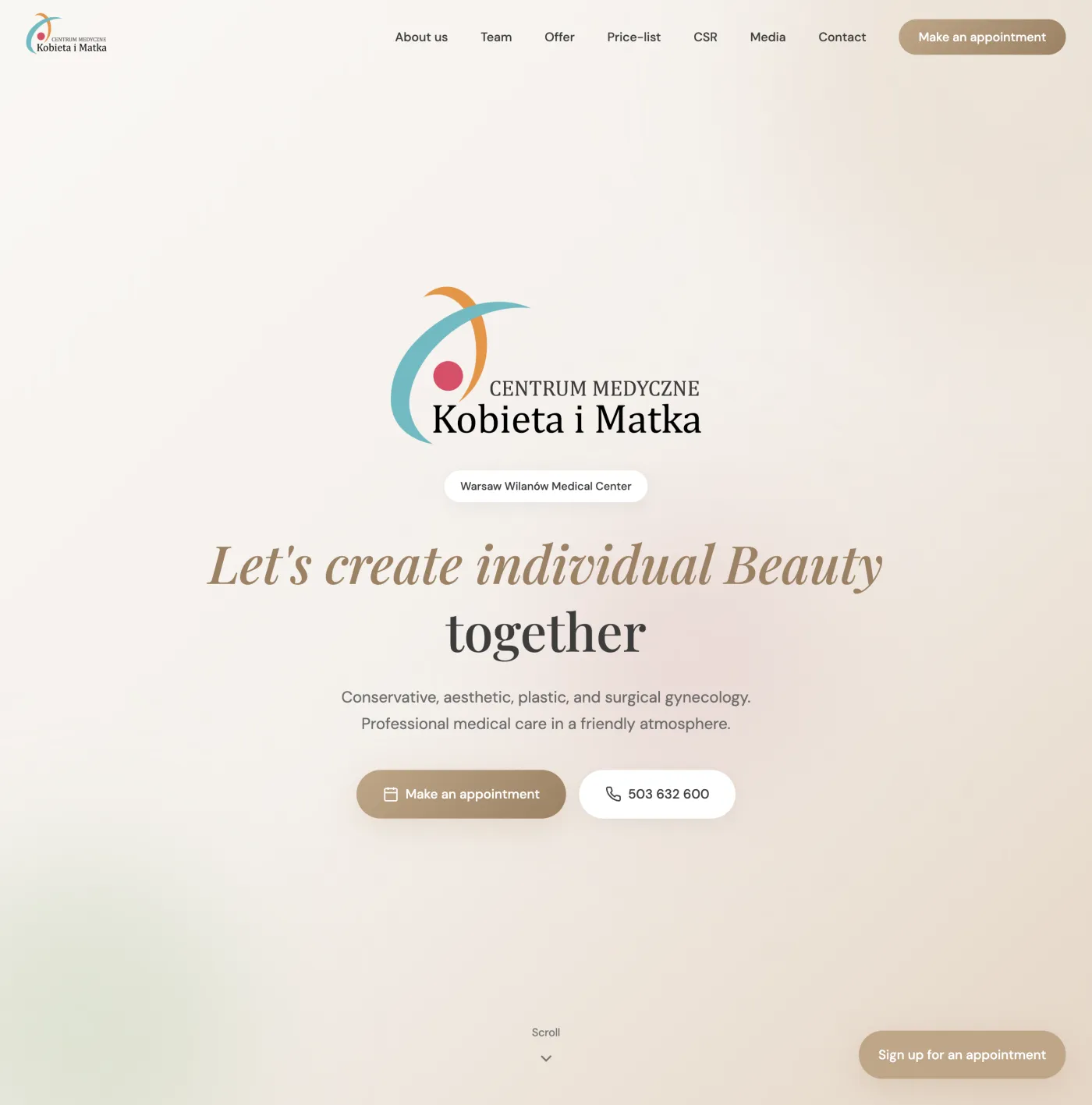 Clinic homepage after the redesign: a clear headline with the appointment button and phone number up front.