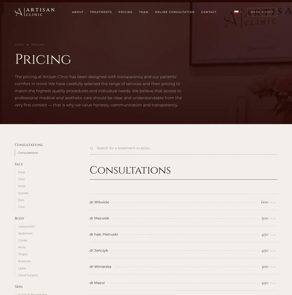 Clinic pricing page: one searchable list of consultations and procedures with prices.