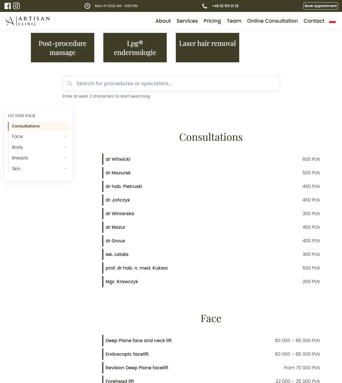Clinic pricing page: one searchable list of consultations and procedures with prices.