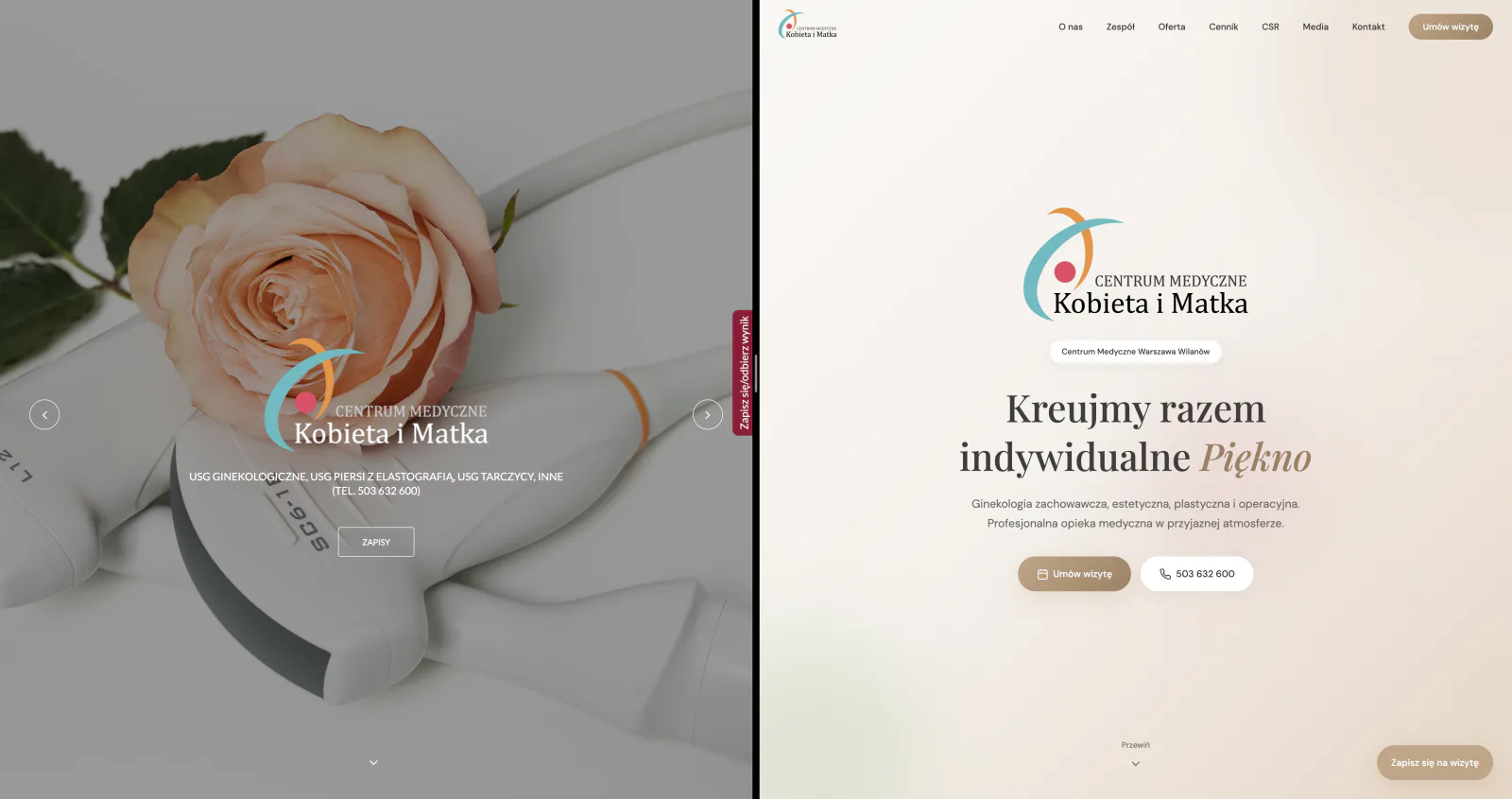 Clinic homepage before and after the redesign, side by side.