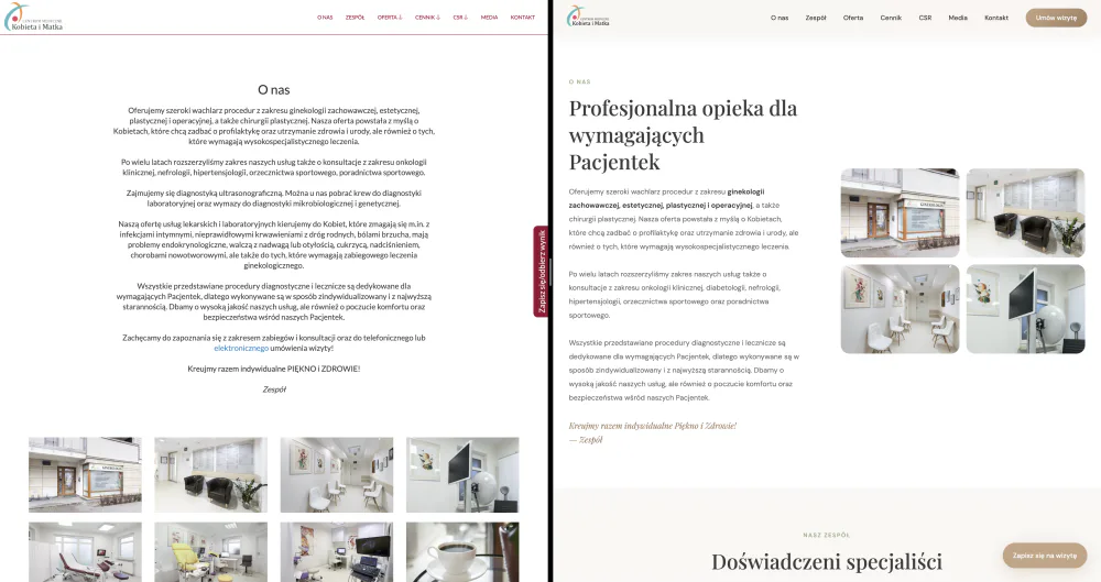 About page before and after, with clinic photography and a clearer structure.
