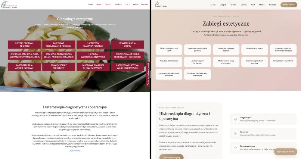 Treatments page before and after, with procedures grouped into readable cards.