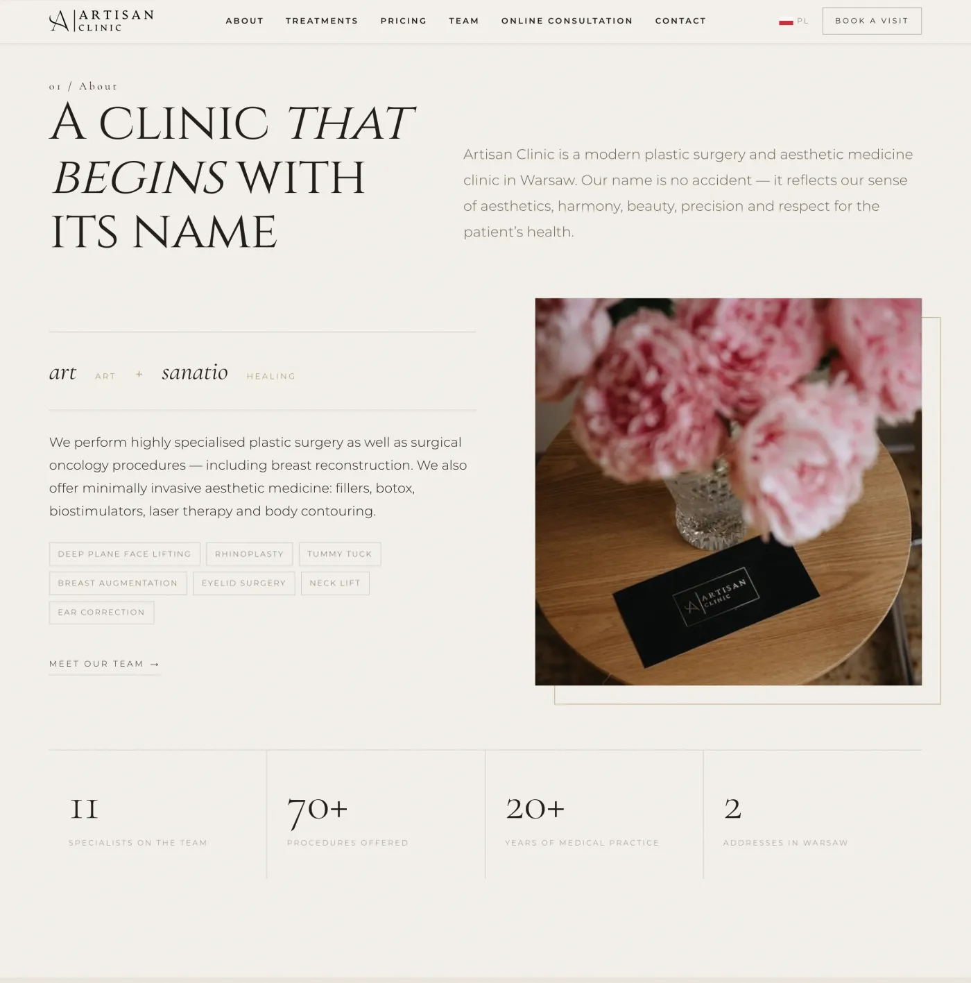 Plastic surgery clinic page after the redesign: an editorial about section with procedures, photography and key numbers.