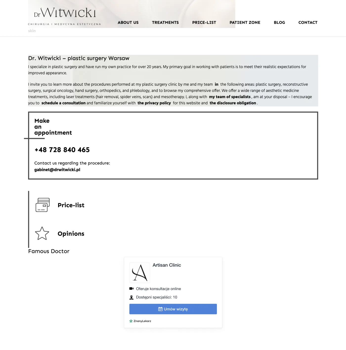 Plastic surgery clinic page before the redesign: dense text blocks and a third-party booking widget.