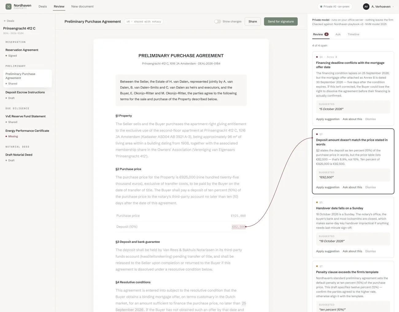 Contract review screen: the private model flags a deposit that contradicts the price written in words, and suggests the correction.