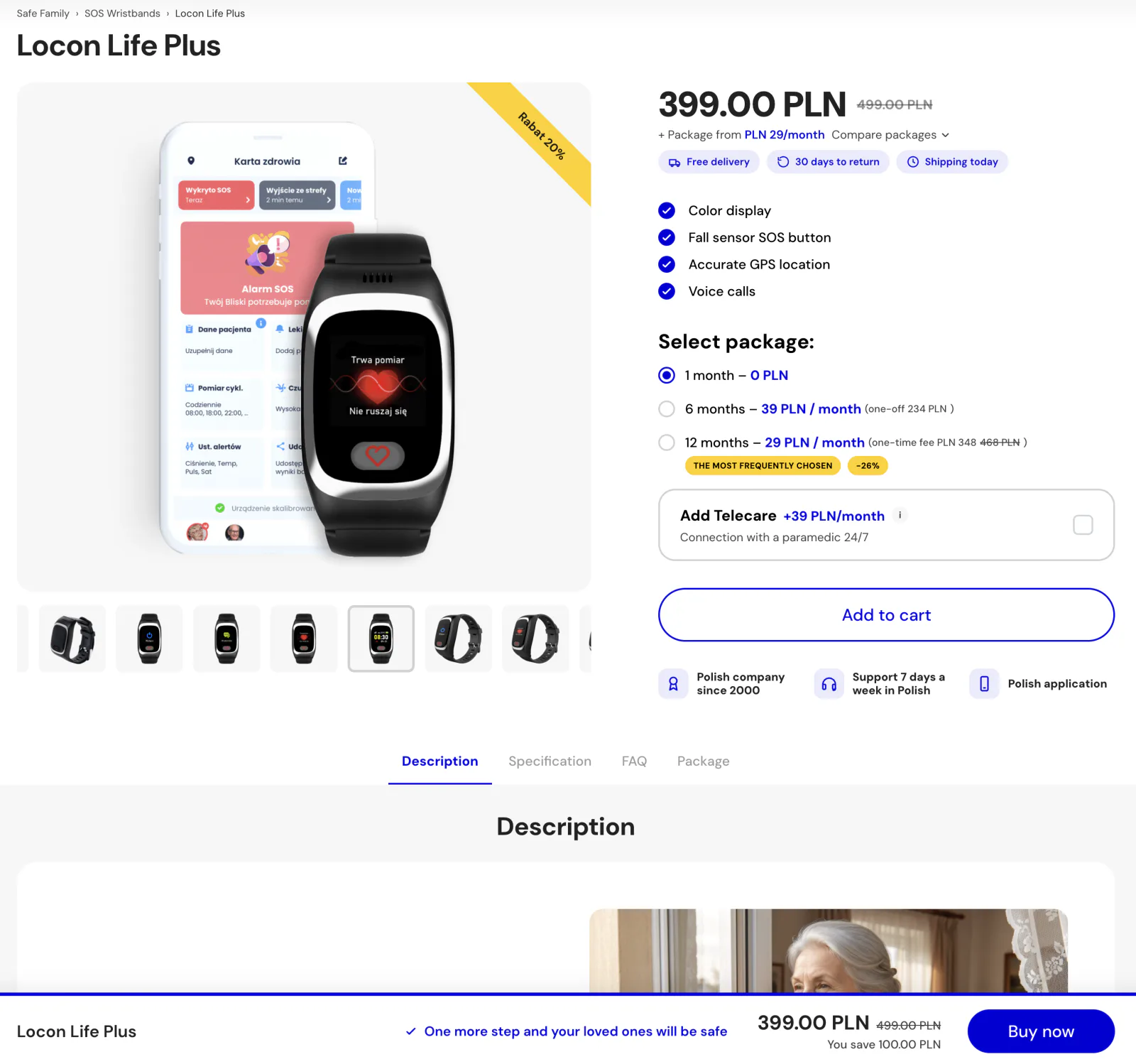 Product page for a medical alert watch: plan length, the 24/7 responder add-on and the running total on one screen.