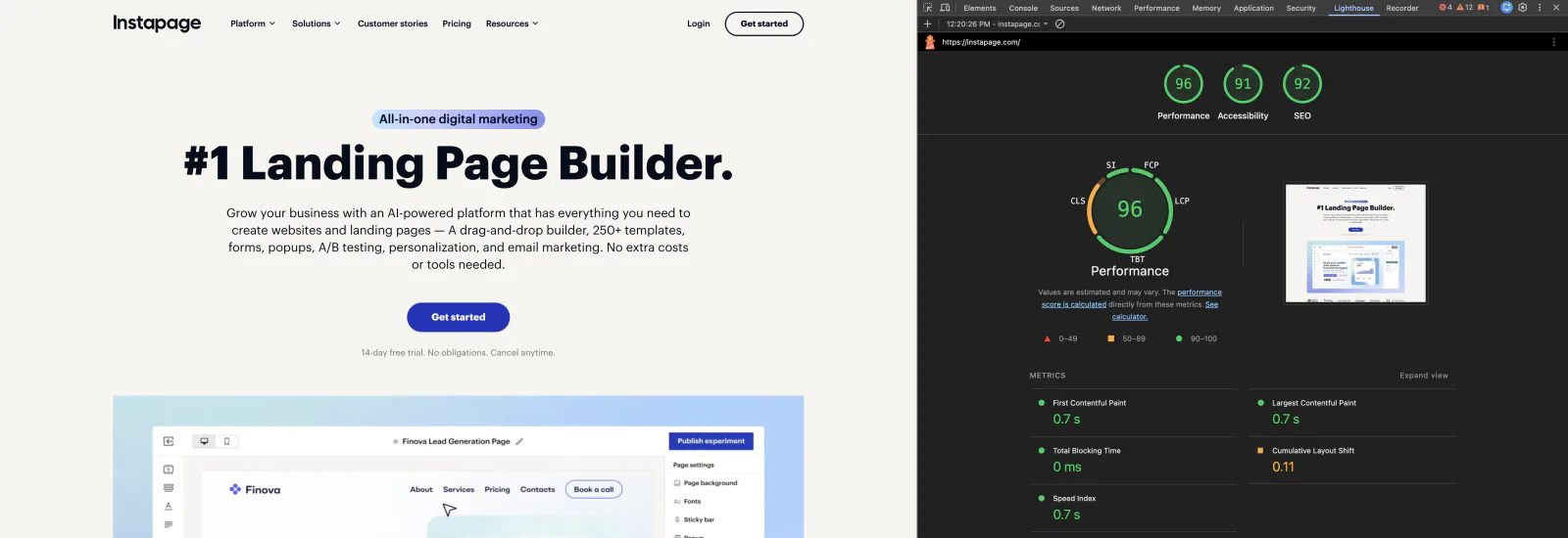 The rebuilt landing page next to its Lighthouse report: performance 96, LCP 0.7 s.
