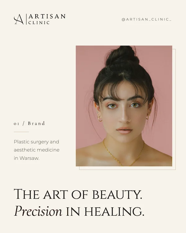 Brand post: a portrait on a pink backdrop with the line “The art of beauty. Precision in healing.”