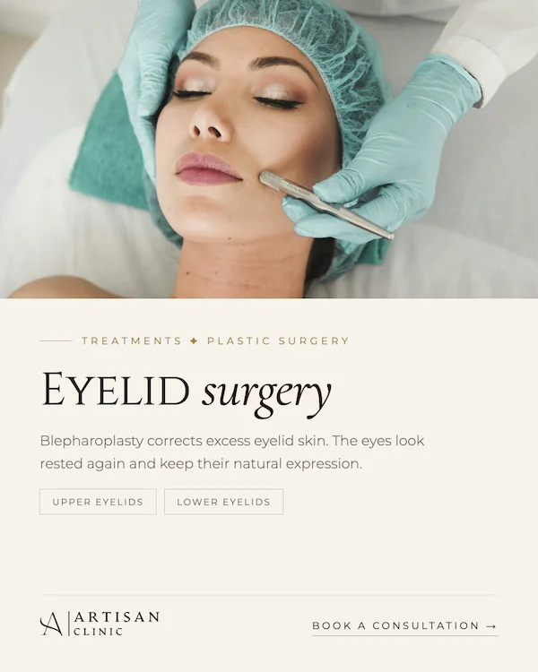 Treatment post: eyelid surgery, with a short explanation and a “Book a consultation” prompt.